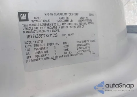 2007 Cadillac Escalade Standard z USA, uszkodzony, nr VIN 1GYFK63877R271520